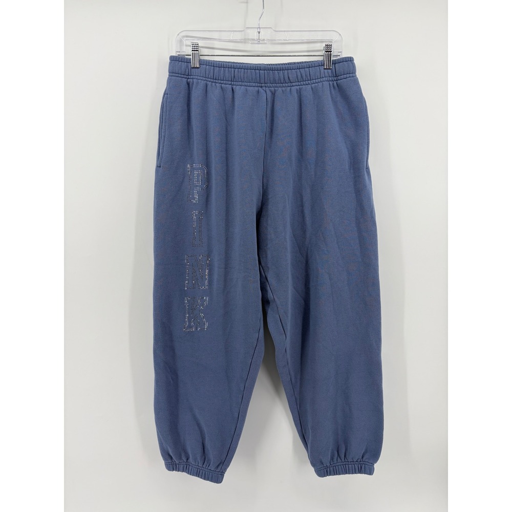 PINK Womens Large Blue Jogger Sweatpants Rhinestone Logo Fleece Relaxed Fit